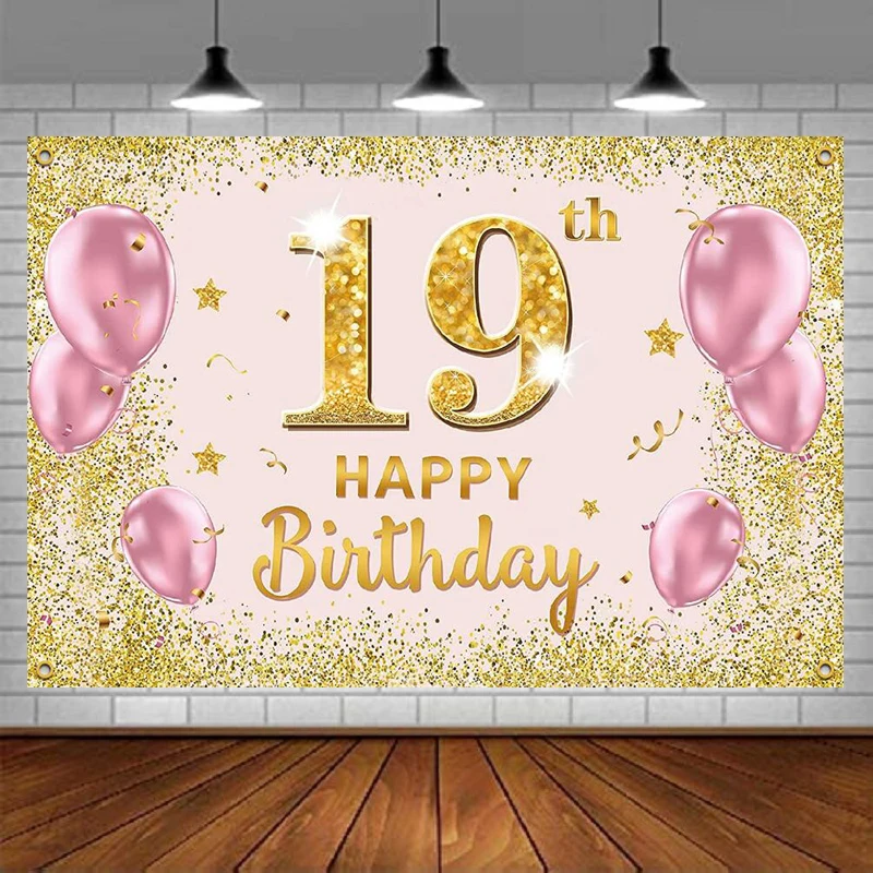 

Photography Backdrop Happy 19th Birthday Party Background Banner Decorations Supplies For Girls - Gold Pink Banner Poster