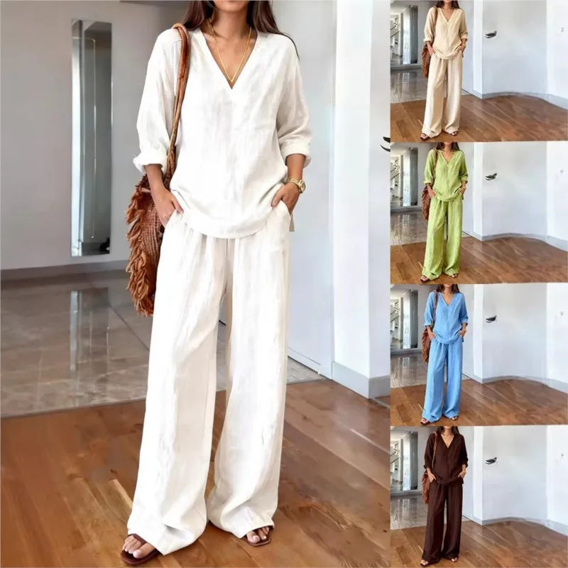 

Casual V-neck Pullover Long Pant Set Women Elegant Washable Cotton Multi Color Outfits Solid Long Sleeve Loose 2-piece Sets