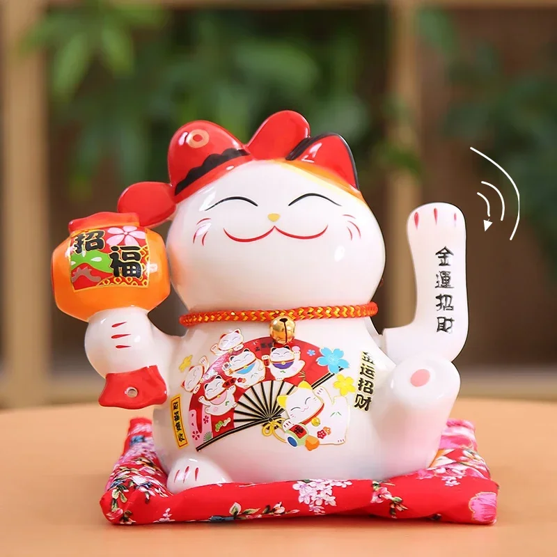 6 Inch Ceramic Beckoning Cat Waving Hand Fortune Cat Electric Maneki Neko Best Gift Home Decoration Lucky Cat