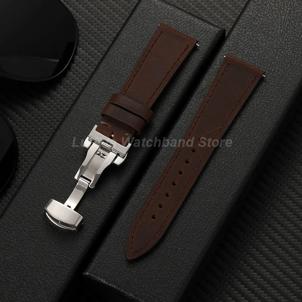 Uhrenarmband aus Crazy Horse-Leder mit Butterfly-Schnalle für Herren, Schnellverschluss-Federsteg, 18 mm, 20 mm, 22 mm, klassisches Vintage-Armband