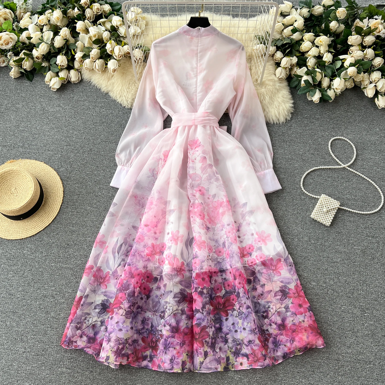 Retro Stand Collar Long Sve Floral Chiffon Dr Women's Spring Autumn New Sle Belted Waist Flared Long Skirt
