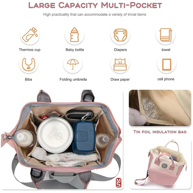 Large capacity portable mommy bag with waterproof design, insulated bottle compartment, diaper pad, and children\'s car buckle