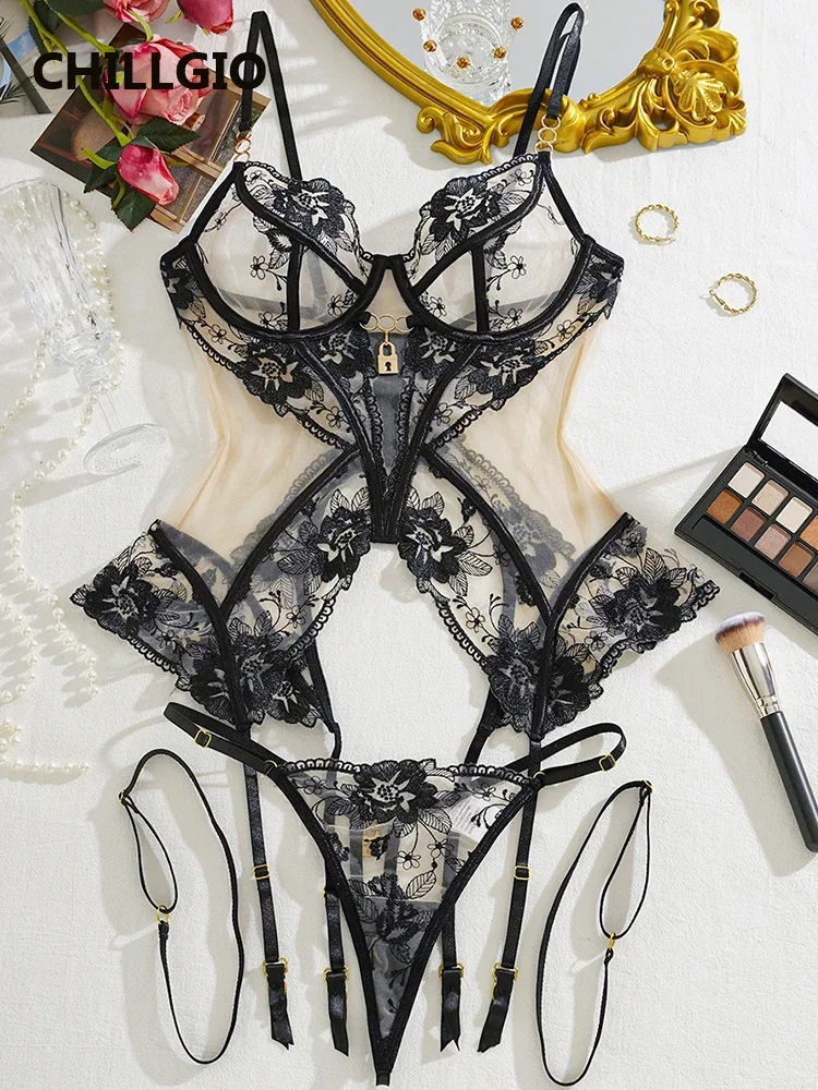 

CHILLGIO Women Floral Lace Mesh Bra Brief Suits Sexy Fashion Bodycon Underwear Outfits Transparent Bras Underpants 3 Pieces Set