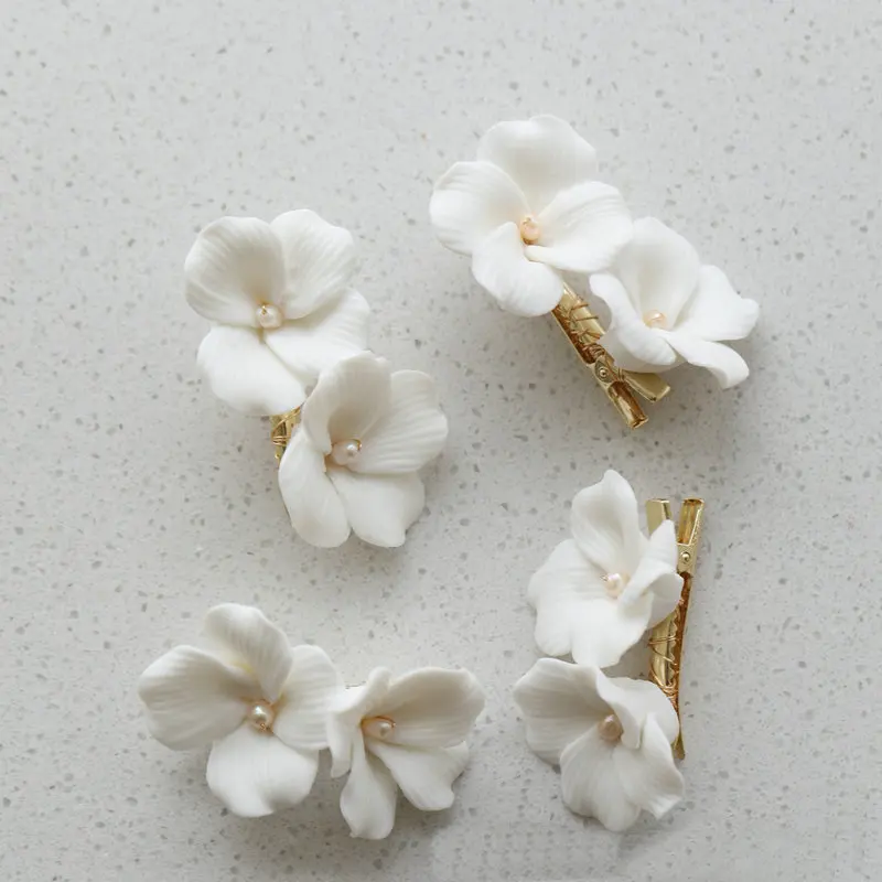 Handmade Simple Ceramic White Color Flower Bridal Small Hairpin Women Hair Clip Headpiece Wedding Accessories