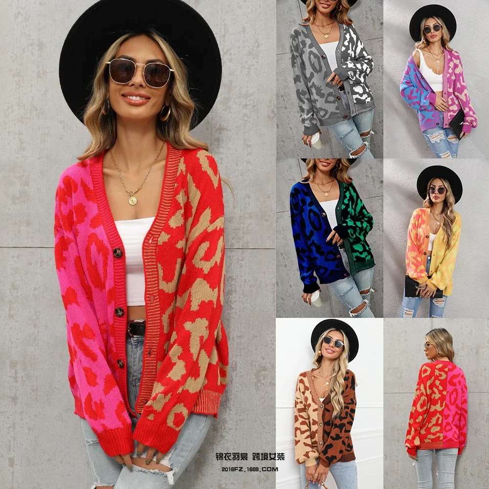 Coats Women Cardigan Leopard Print Coat Full Sleeve Open Stitch Elegant Splice Autumn Winter Knitted Sweaters Single Breasted