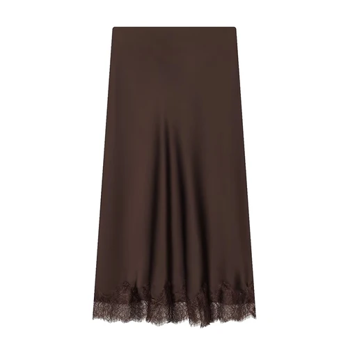 Imagen 2 del producto Faldas de mujer Falda midi de satén con decoración de encaje a la moda Faldas largas de cintura alta vintage para mujer