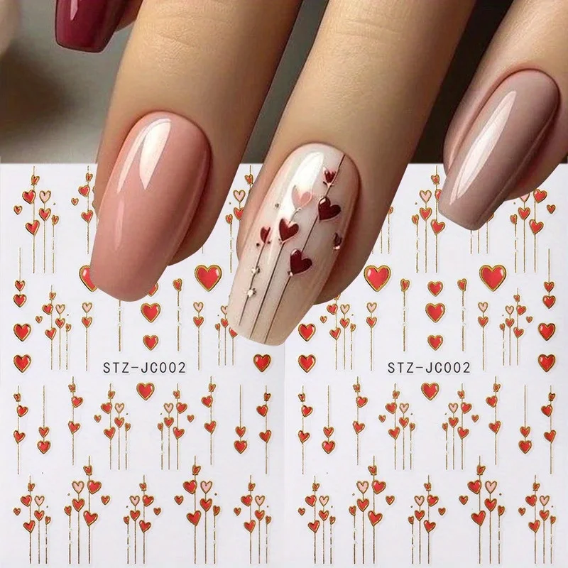 1 pz adesivi per unghie 3D con cuore e strisce dorate per San Valentino - Decalcomanie per nail art adesive rosse e rosa romantiche con linee di cuore