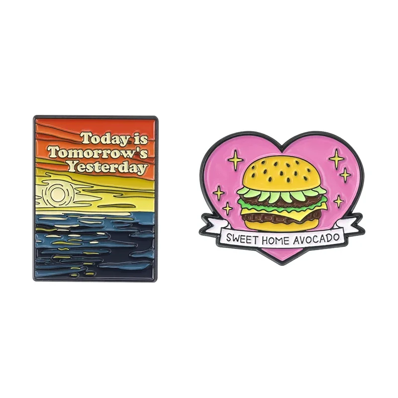 Alfileres esmaltados de películas animadas de dibujos animados, broche de hamburguesa con corazón de ayer de hoy, insignia de solapa para bolso, accesorios de joyería divertidos