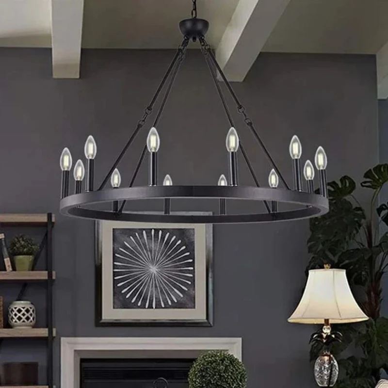 

American Black Metal Led Pendant Lights Retro Living Room Loft E14 Chandelier Lighting Villa Stairs Led Luminarias Indoor Light