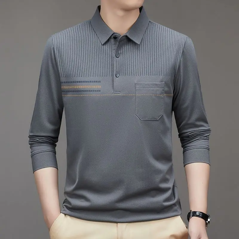 Casual Men's Polo Shirt Long Sleeve Spring Autumn Fashion Loose Thin Fabric Turn Down Collar Tee for Middle Aged Dad