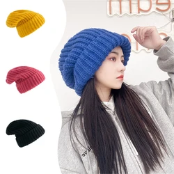 2024 Hat Winter New Knitted Wool Hat Female Loose Autumn and Winter Ear Protection Warm Pile of Hats Solid Color Caps for Women