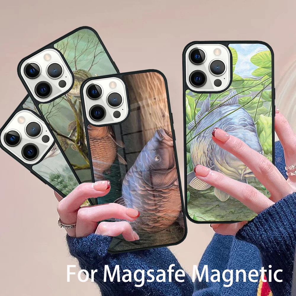 

Fly Carp Fishing Rod Fish Phone Case Magesafe Magnetic Wireless Charge Cover For IPhone 16 11 12 13 14 15 Pro Max Plus Mini