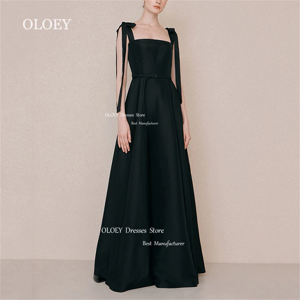 

OLOEY Simple Black Satin Evening Dresses Bow Spaghetti Straps Square Collar Wedding Party Dresses Prom Gowns Custom Made