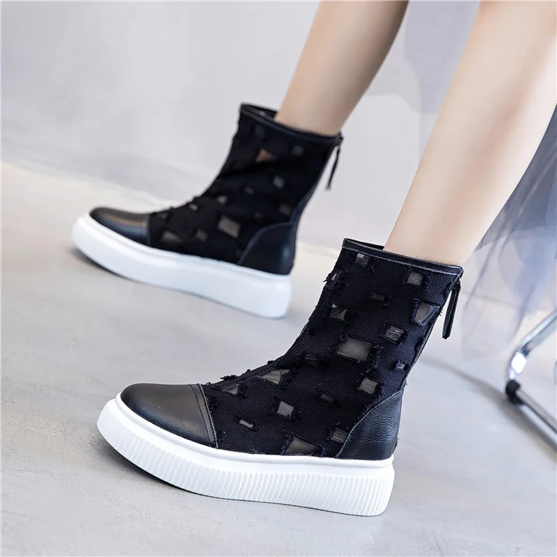 Summer New Thin Denim Canvas Thick-soled Boots Breathable Hollow Mesh Inner Heightening Cool Boots Women\'s All-match