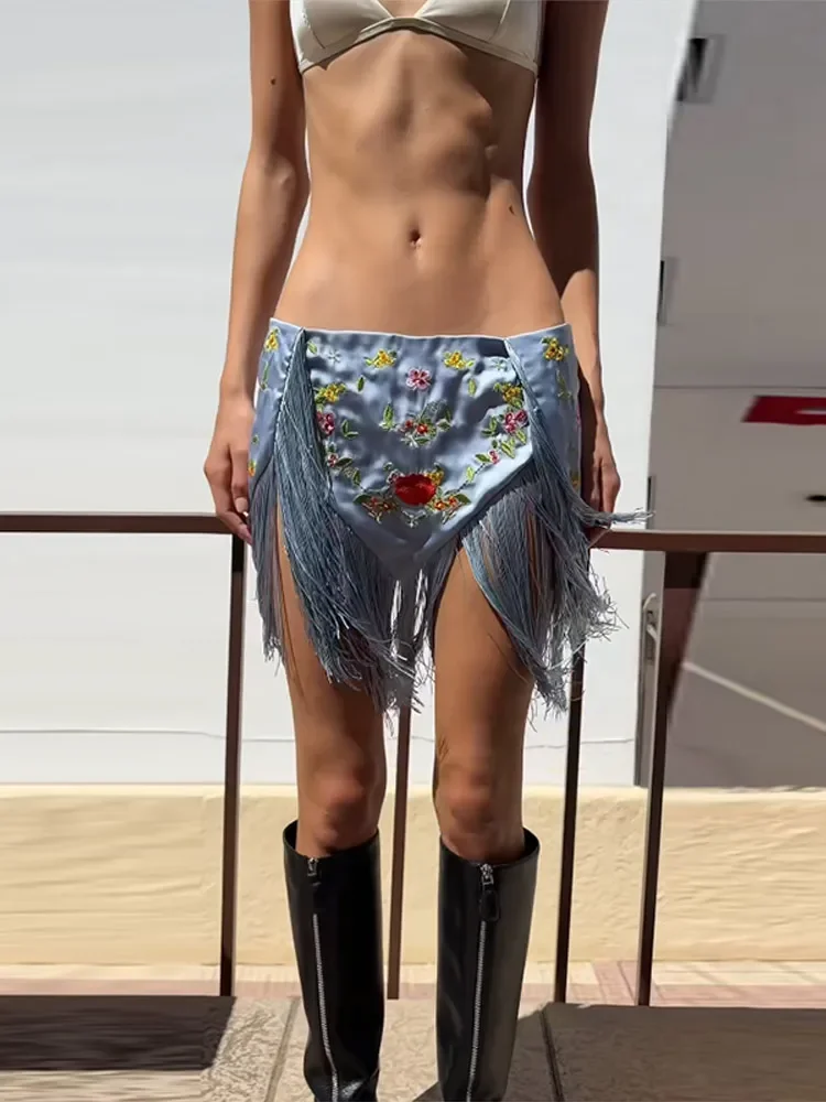 Chic Floral Embroidery Triangle Panel Women Mini Skirt Long Fringe Wrap High Waist Irregular Slit Short Skirt Music Festival Out