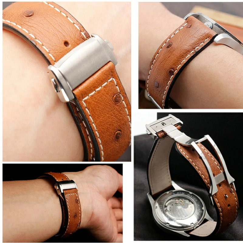 Ostrich Genuine Leather Watchband for Hamilton Jazz Series H32755851 Watch Strap Folding Clasp Bracelet Black Brown 20mm 22mm