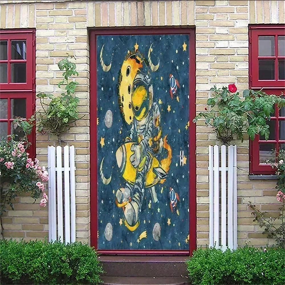 Cartoon Astronaut Universe Door Sticker Space Travel  Decal Removable Spacecraft Planet Poster Wallpaper Kids Bedroom Decor3