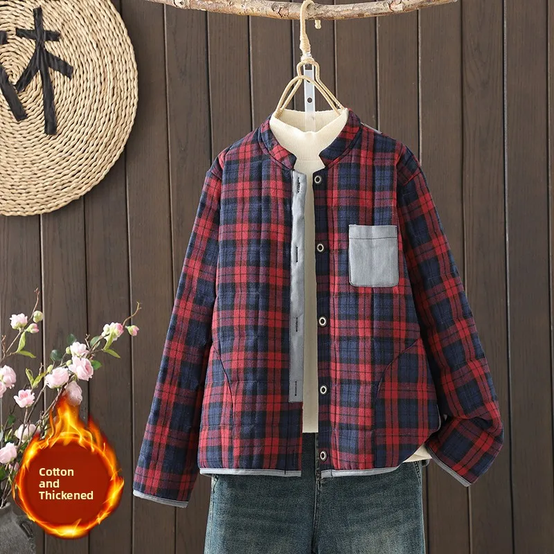 

Women's Thickened Short Cotton Jacket with Patchwork Cotton Stand Collar Loose Fit Winter Coat Plaid Pattern