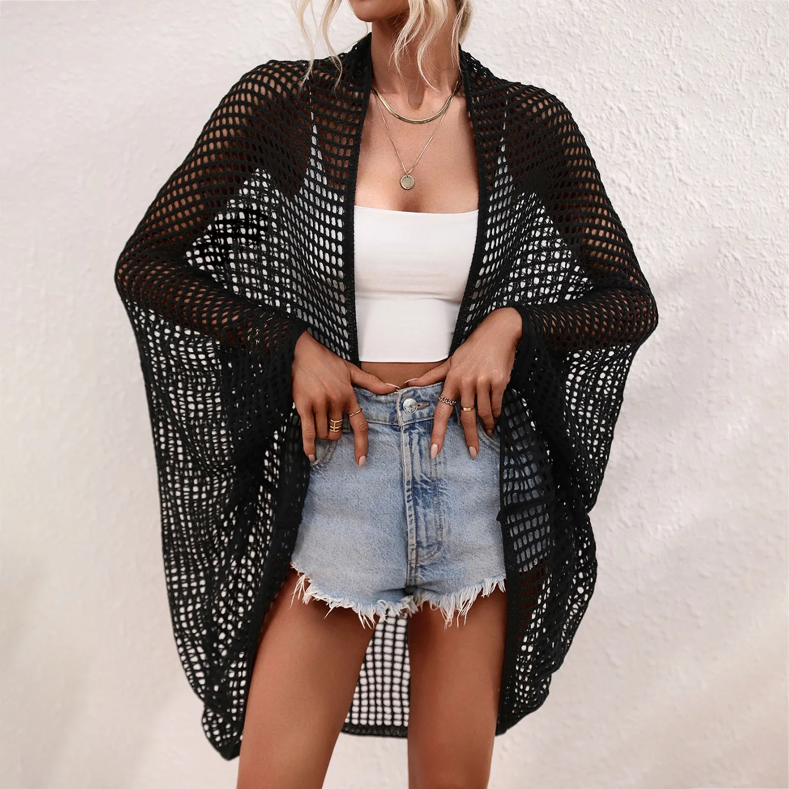 Beach Cover Ups for Swimwear Women Hollow Out Knitted Crochet Kimono Cardigan Swimsuit Summer Vacation Dress Beachwear