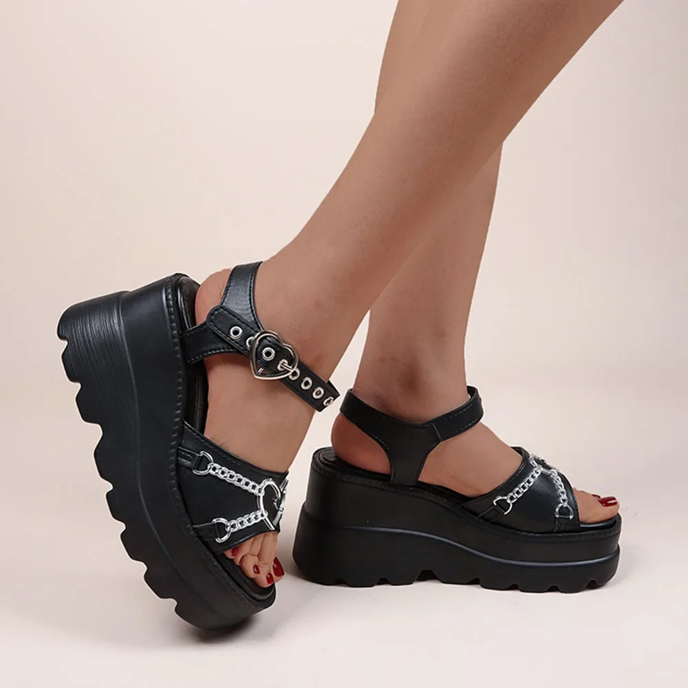 DORATASIA Summer Women Platform Heart Buckle Strap Metal Sandals High Heel Wedges Chain Rivet Punk Gothic Dress Lolita Shoes