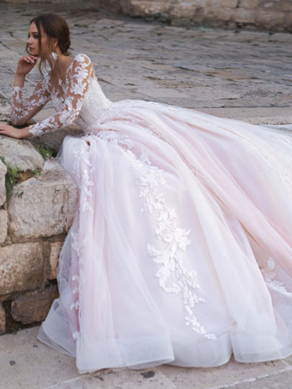 Vestido De novia clásico De manga larga con cuello redondo, elegante vestido De novia con apliques, línea a, blanco