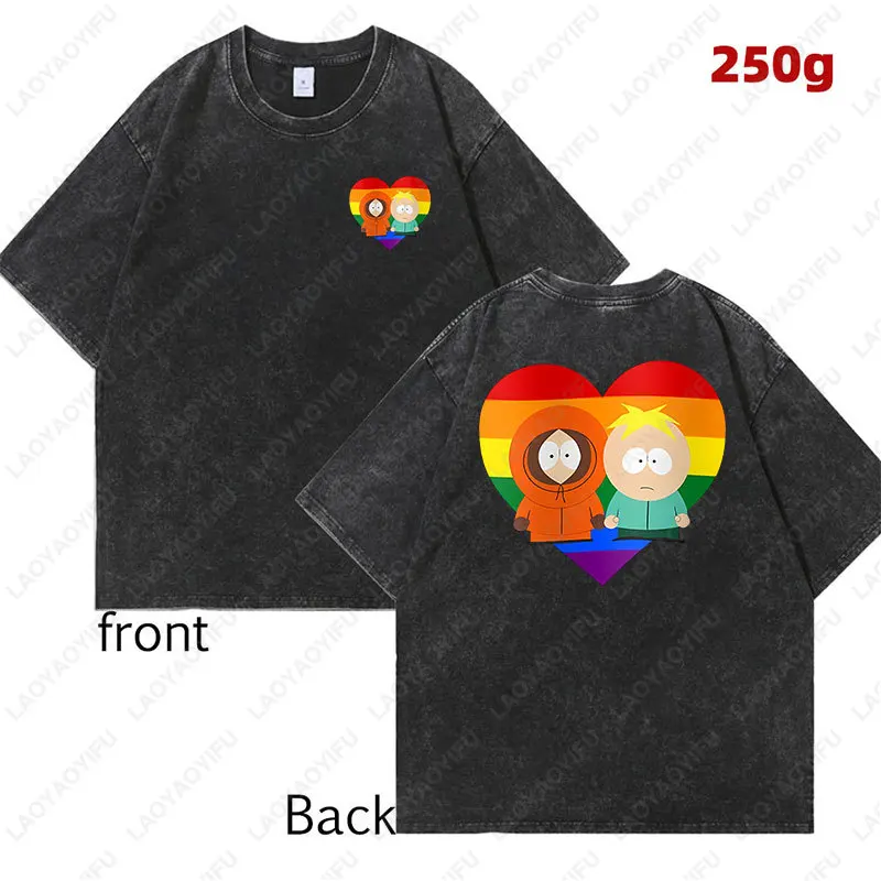 Funny South Park Cartoon Character Shirt Comfort Washed Cotton Mens T-shirt Cute Kenny Print Tees Summer Streetwear Unisex tops