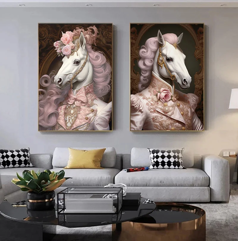 Renaissance Flamingo Rococo Giraffe Horse Bunnies Prints Art Canvas Posters Pink Animals Portrait Wall Art Pictures Home Decor