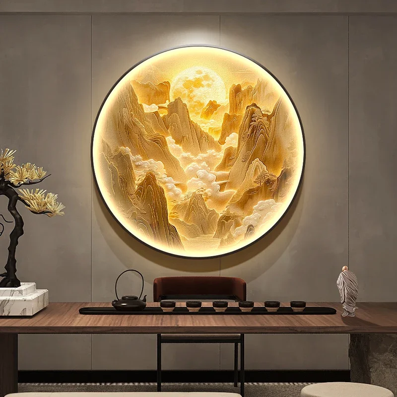 

Chinese Landscape Relief Decorative Painting: Light Luxury Corridor End Hanging Art with LED Wall Lamp & Modern Wall Decor Set