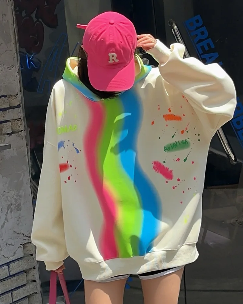 Casual Rainbow Color Oversized Hoodies Tops Women Plus Size Sweatershirt Sportwear Y2k Clothes Outwear Bust 150cm 2024 Autumn