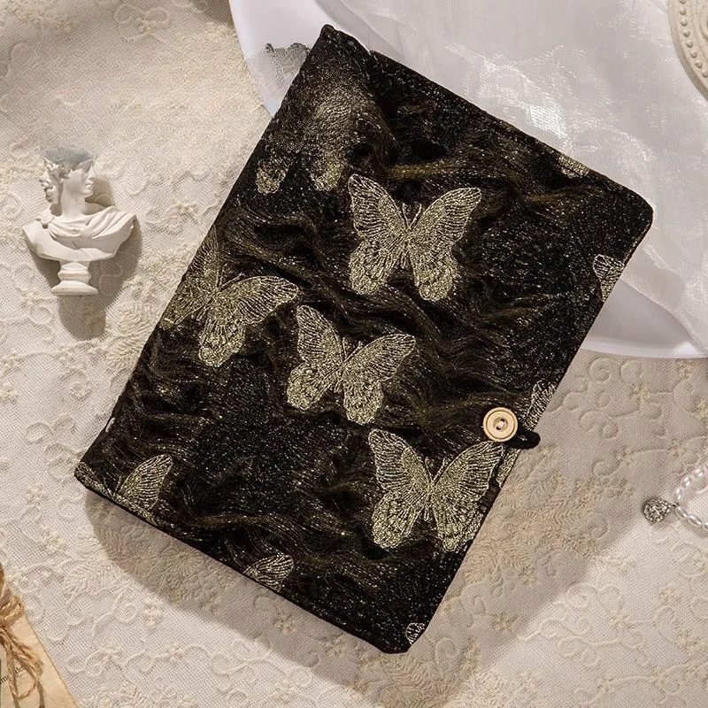 Golden Silk Butterfly Fabric Cover Loose-leaf Notebook High Aesthetic Literary Journal Portable Detachable Diary for Note Taking