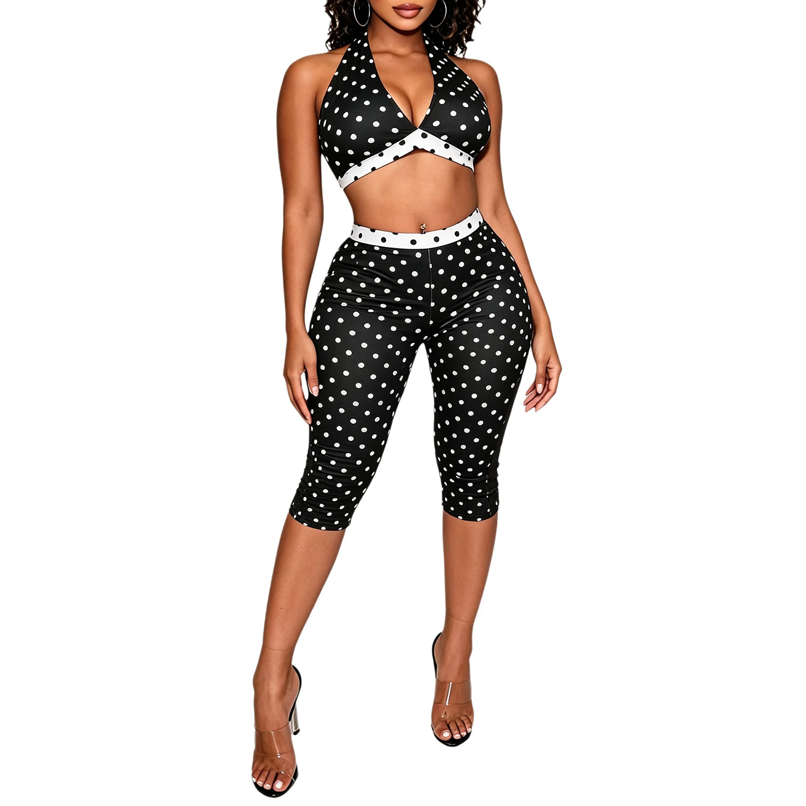 Women's Sexy Outfit Polka Dot Printed Halter Neck Backless Retro Crop Tops with Fifth Pants Beachwear Rave Party Night Clubwear