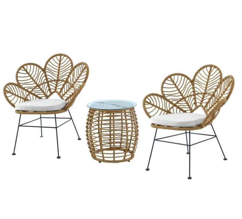 

Modern 3-Piece Balcony Rattan Bistro Set Outdoor Garden Sofa Chair with Iron Coffee Table Patio Rattan Garden Tables Chairs