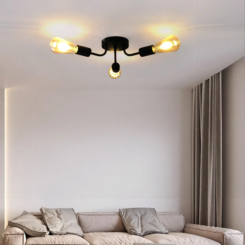 1Pc black industrial retro three E27 bulb base ceiling light, living room, bedroom, kitchen chandelier (without bulb)