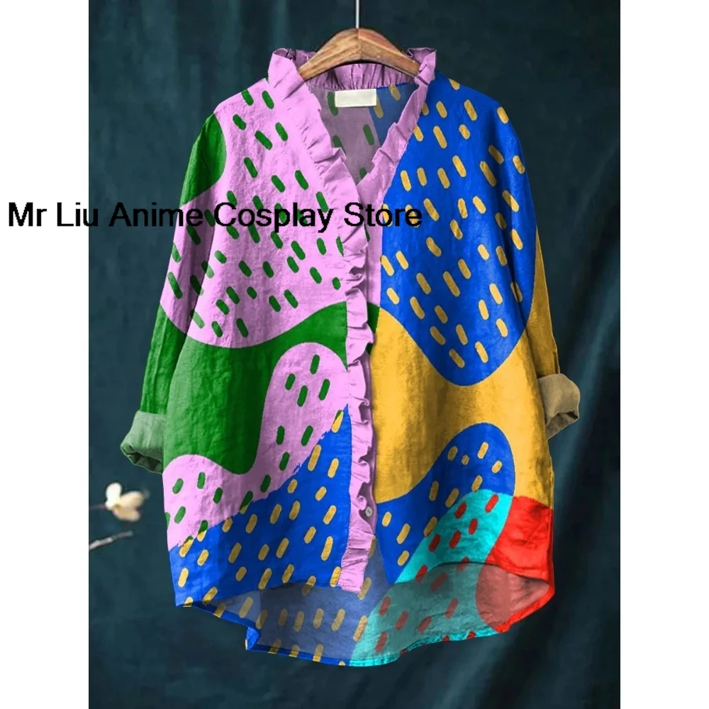 Romantic Cottagecore Shirt with Ruffled Collar Women Vintage Patchwork Bohemian Blouse Bubble Crepe Loose Fit Blouse Tops view 4