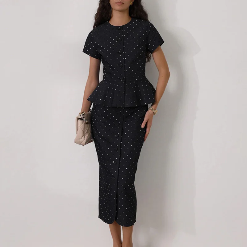 

TARUXY Polka Dot Skirt Suit For Women Printed Short Sleeve Cardigan Top Elegant Slim Long Skirt Female Fashion Commuting Outfits