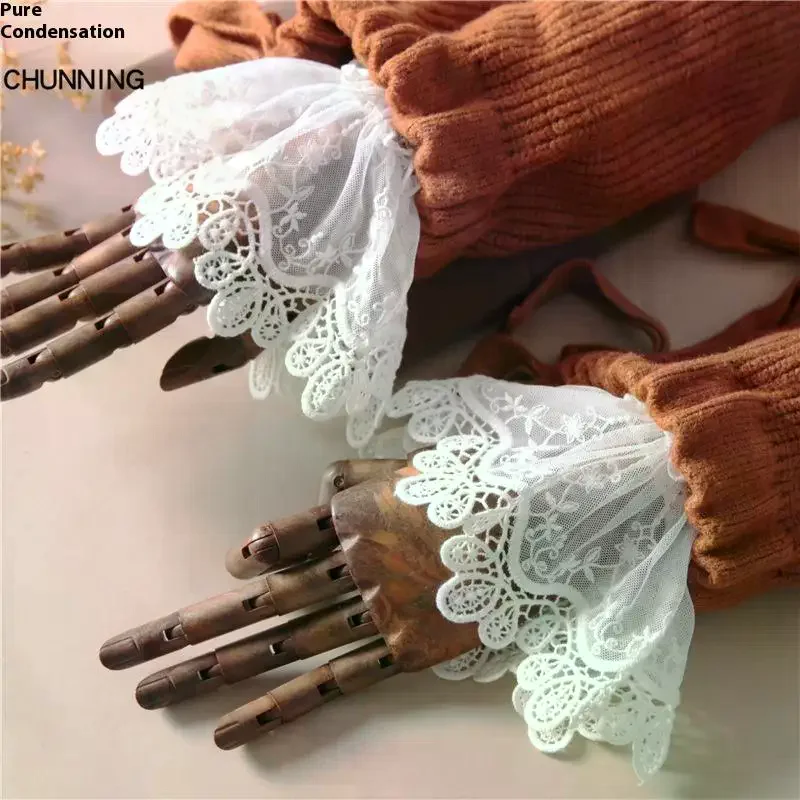 

Female Girls Sweater Decorated Fake Sleeves Hollow Out Crochet Floral Lace Horn Cuffs Embroidery Flounces Elastic