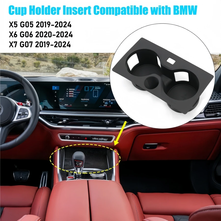 Black Silicone Cup Holder Organizer for BMW X5 G05 / X6 G06 / X7 G07 2019-2024 Noise-Free Water & Dust Proof Insert Drink Holder