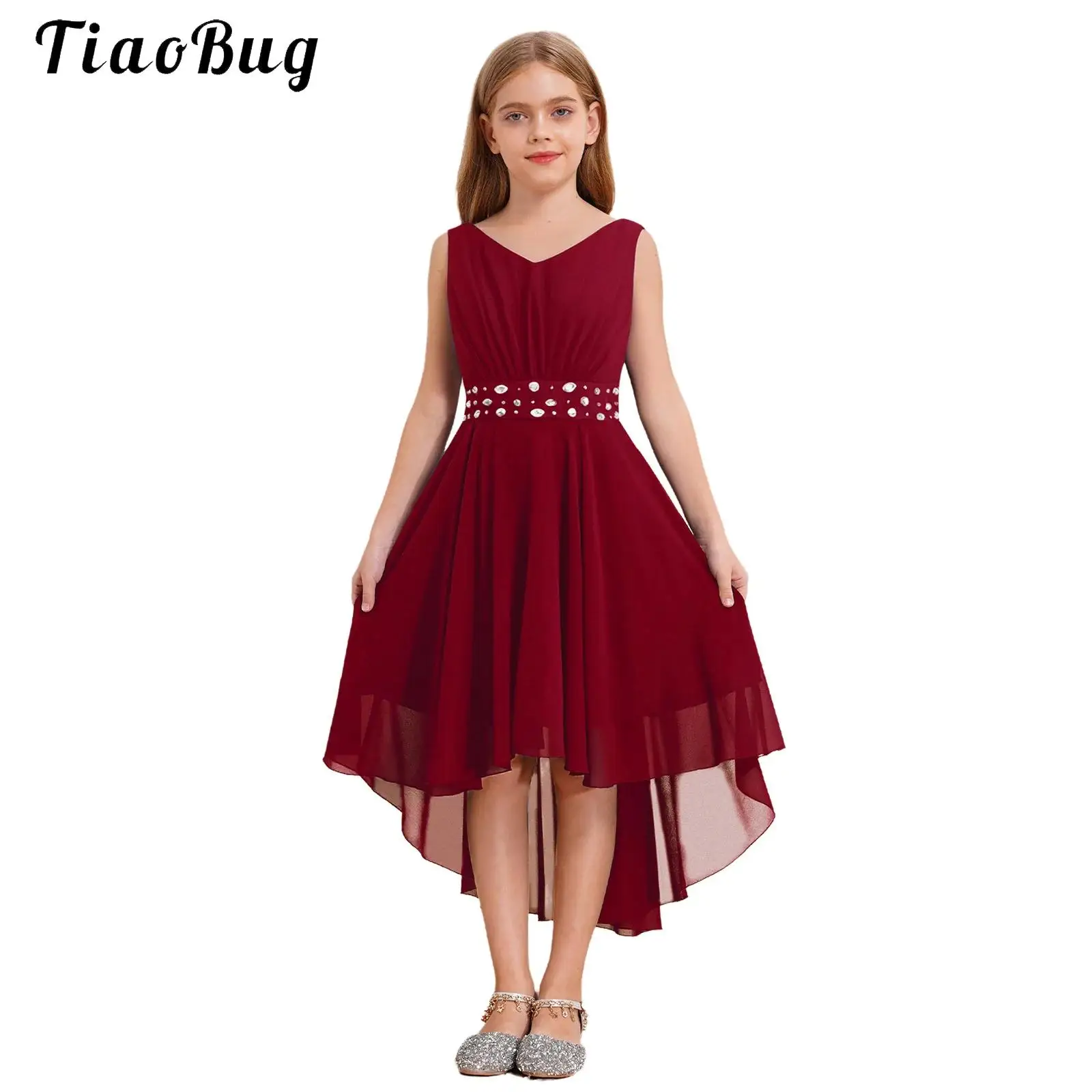 

Summer Girls Festive Dress Hi-Lo Tulle Sleeveless Shiny Beaded Dress Flower Kids Wedding Pageant Clothing Evening Communion Gow