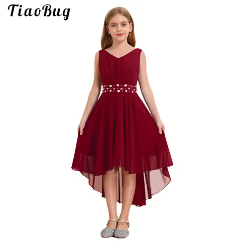 Summer Girls Festive Dress Hi-Lo Tulle Sleeveless Shiny Beaded Dress Flower Kids Wedding Pageant Clothing Evening Communion Gow