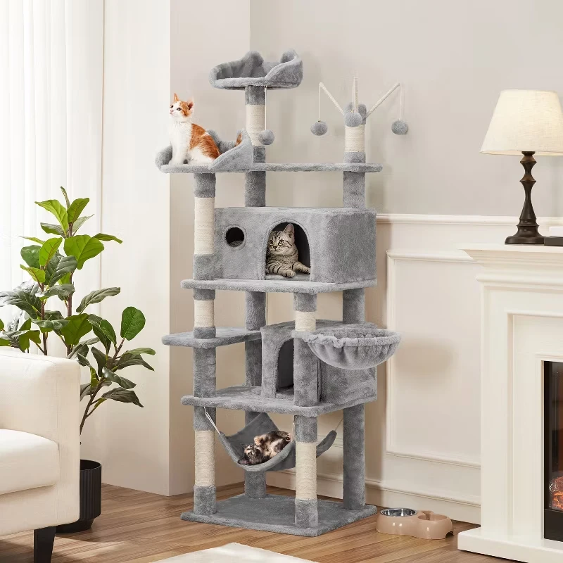 

67 Inch Cat Tree Tower Multi Level with 2 Condos Hammock 7 Scratching Posts Hanging Toys for Large Cats Gray Climbing Furniture