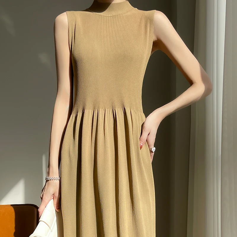 YSC 2023 Women Knitted Ice Silk Tank Top Long Dress Half height collar Solid color Sleeveless pleasantly Slim fit Dress