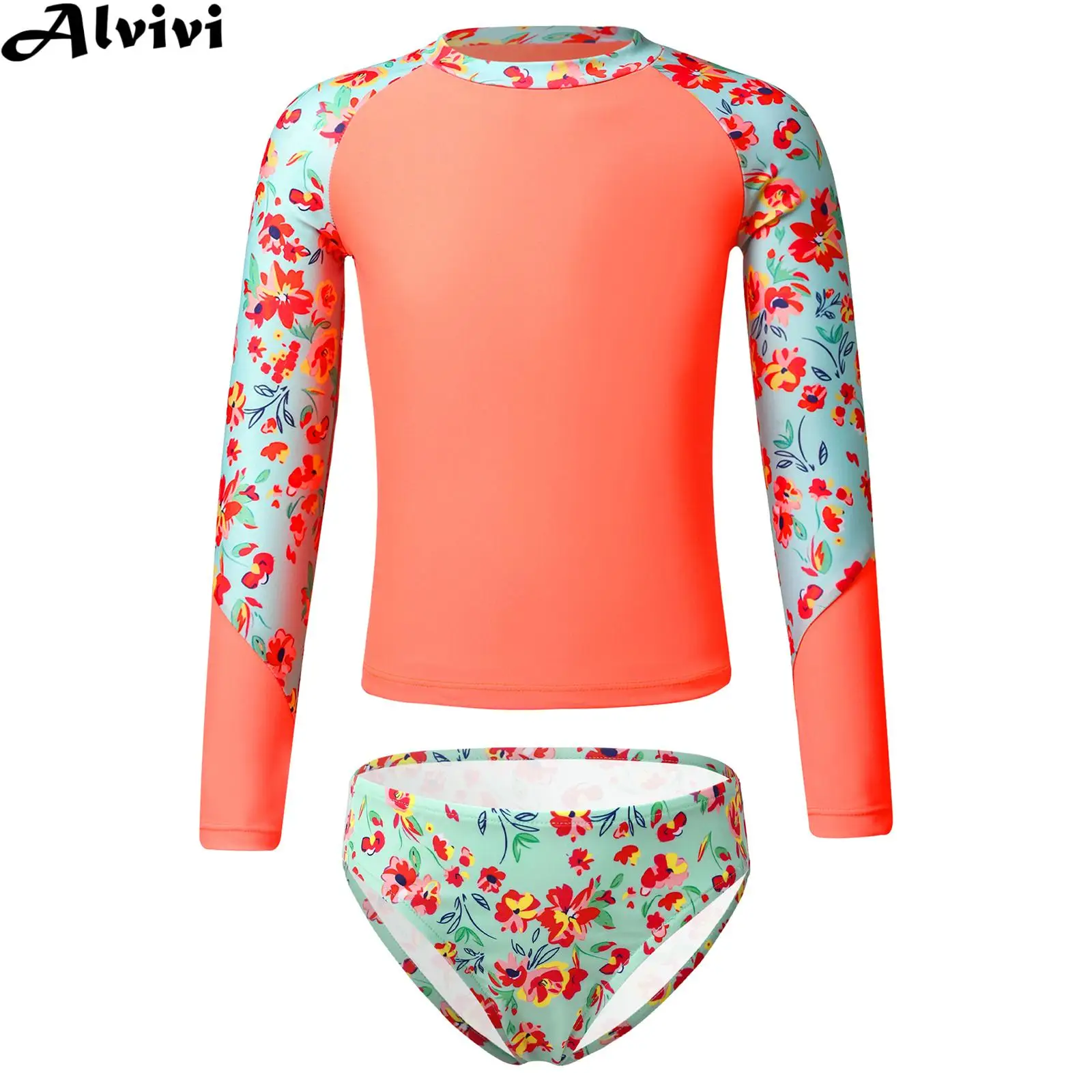 

Kids Girls Print Swimwear Set Long Sleeve Swimming Tops with Briefs Swimsuit Rash Guards Beach Pool Water Park Bathing Suit