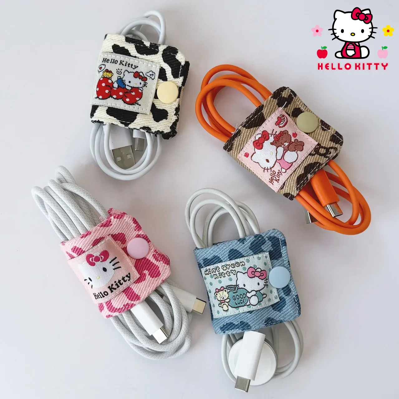 Sanrio Cute Hello Kitty Leopard Print Denim Fabric Data Cable Organizer Handmade Charging Cable Storage Pouch Brush Storage Case