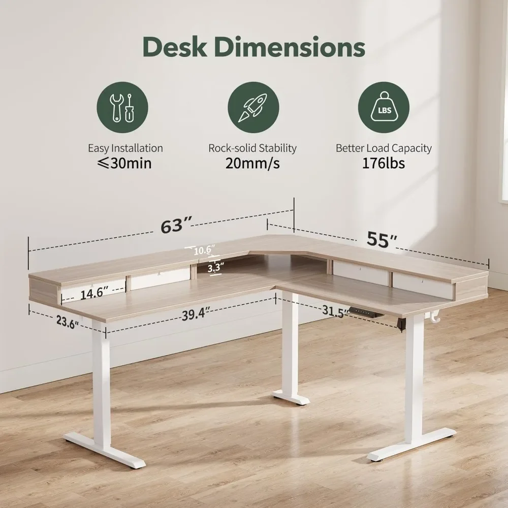 L-shaped Standing Desk with 4 Drawers, Electric Standing Game Table, Adjustable Height, Corner Standing Desk Office Furniture