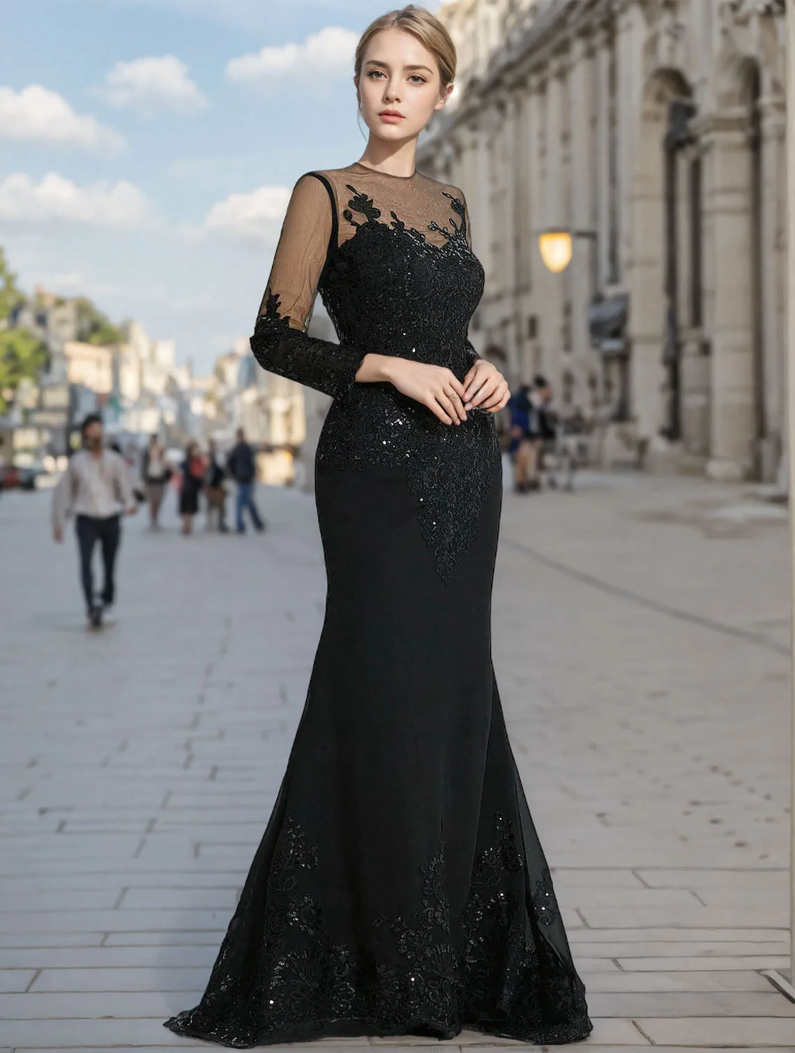 

Mermaid Black Dress Evening Gown Sequin Prom Dress Sparkle Formal Gown Sweep Train Illusion Neck Appliques 2025 free customized