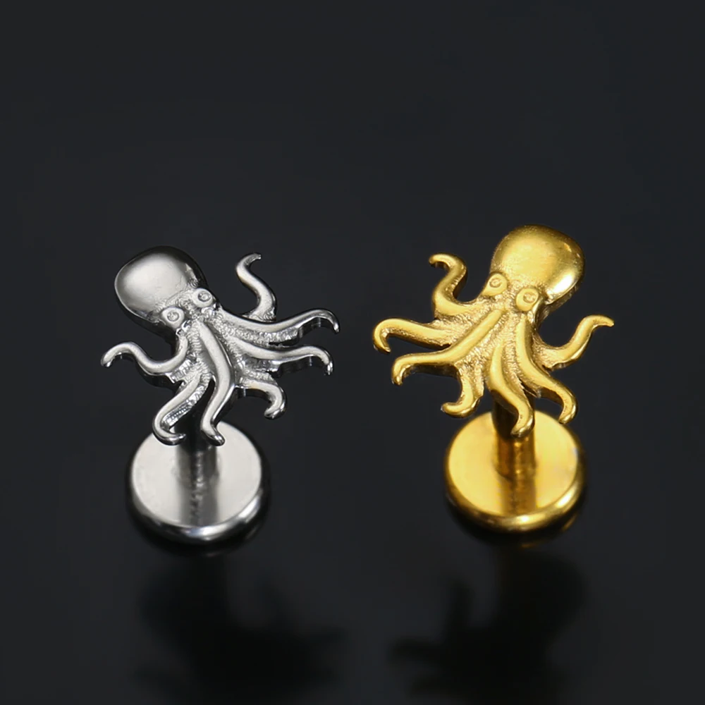 Twolobes 1PC ASTM F136 Titanium Octopus Tentacle Flat Back Studs Internal Thread Nose Stud Cartilage Helix Piercing Jewelry 18G