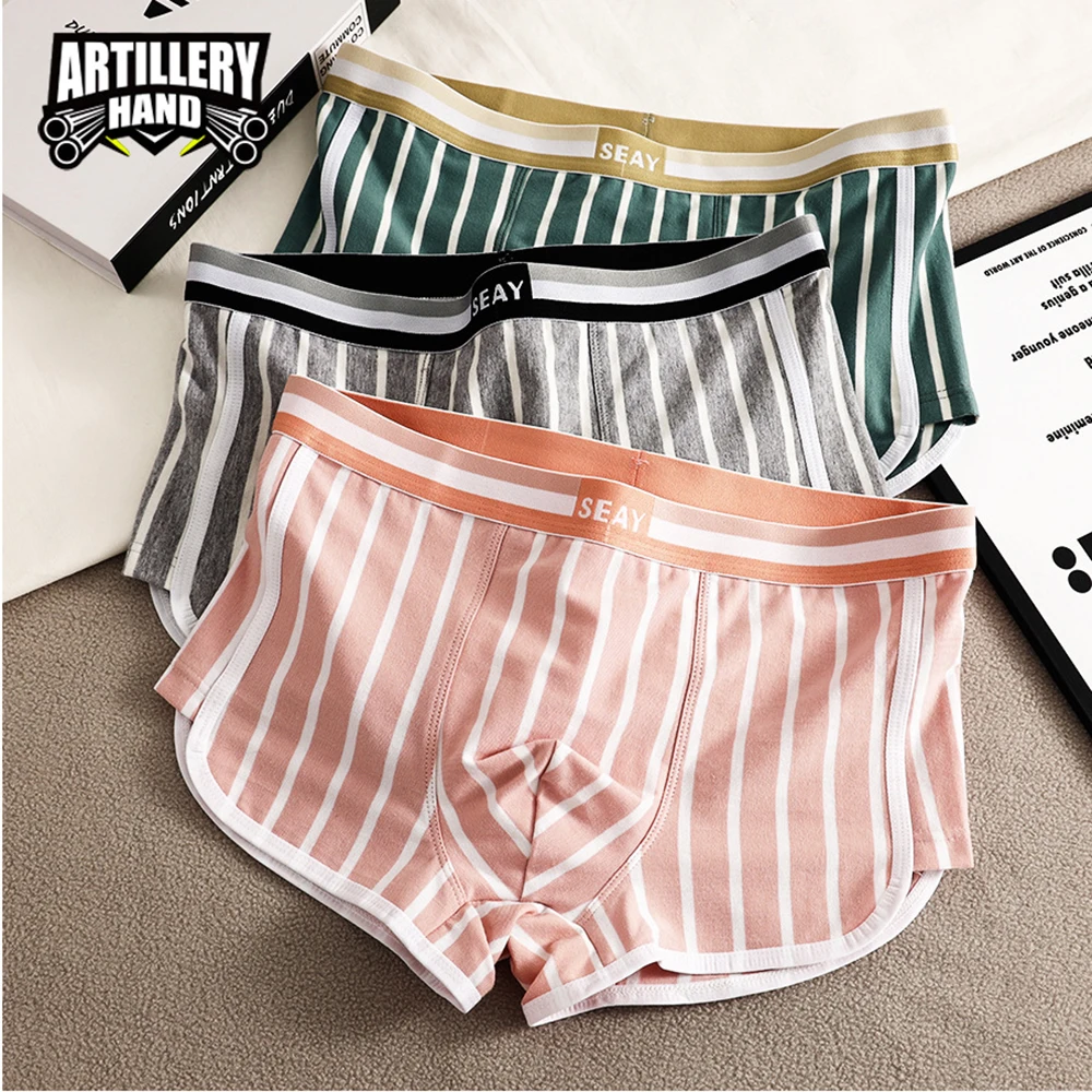 

3PCS/Pack 100% Cotton Breathable Big U Mesh Crotch Men's Panties Trendy Striped Mens Underwear High Elastic Waist Underpants