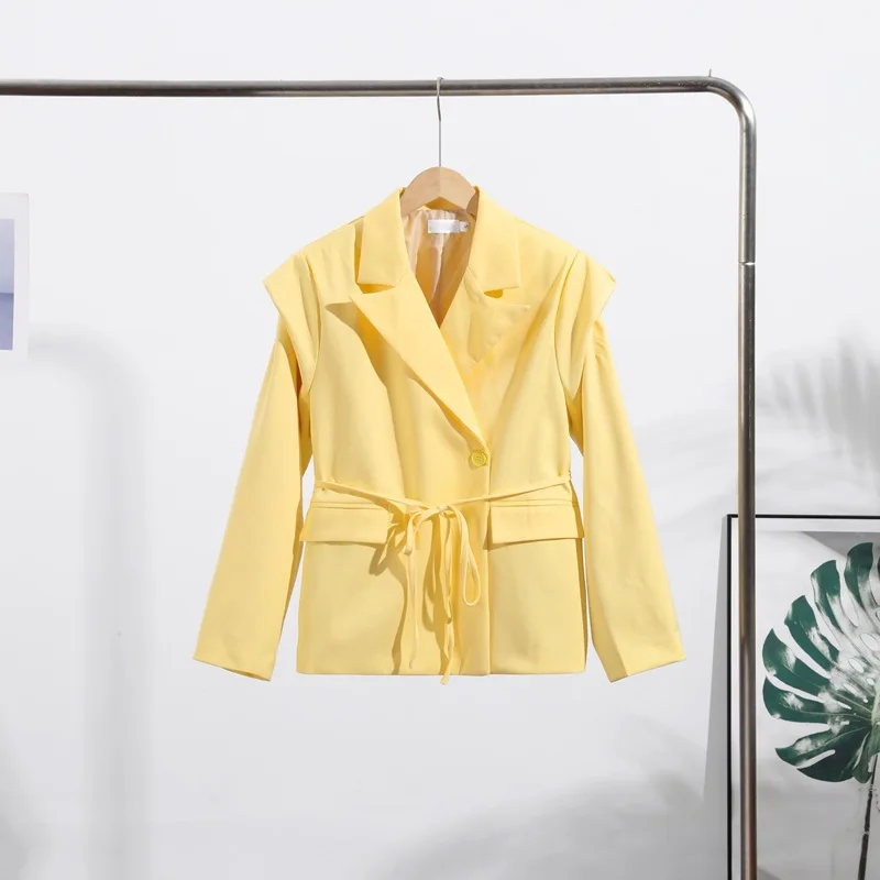 Giacca doppiopetto a maniche lunghe con cintura con volant giallo da donna, cappotto da ufficio casual con coulisse in vita, abbigliamento da lavoro alla moda