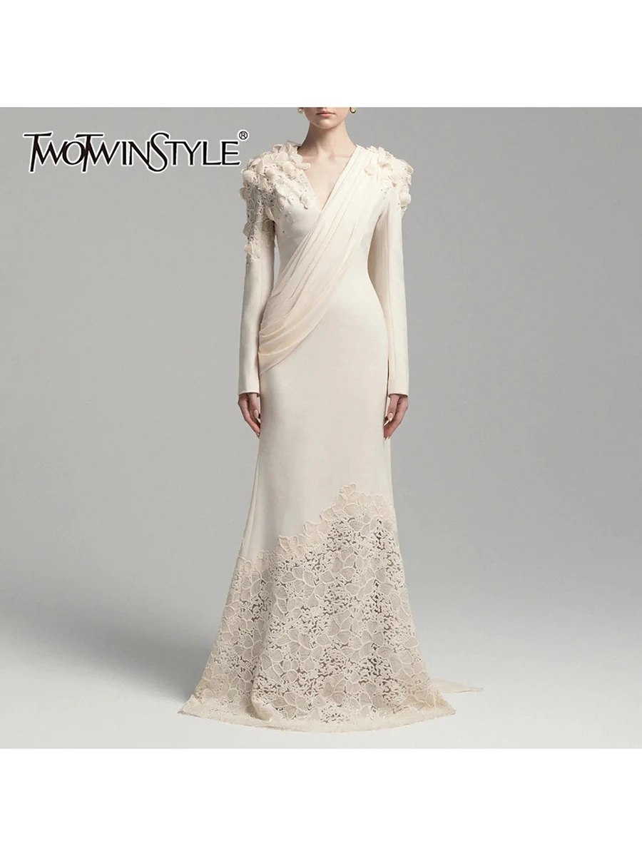 TWOTWINSTYLE Solid Spliced Sequins Temperament Dresses for Women V Neck Long Sleeves Tunic Patchwork Folds Dress Female Clothing