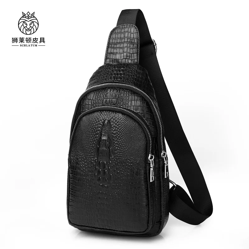 SCHLATUM-Bolso de pecho de piel auténtica para hombre, bandolera informal deportiva con patrón de cocodrilo negro, 100%